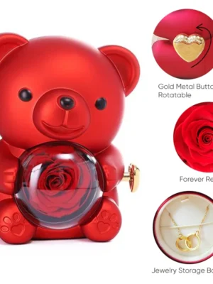 Caixa de joias giratória de urso de pelúcia rosa com colar