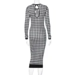 Houndstooth Print Women Long Sleeve Midi Dress Hollow Out Bodycon Sexy Streetwear 2022 Autumn Winter Club Elegant Slim