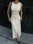 Knit Ribbed Cardigan Maxi Dress Female High Waist Slim Pocket Sleeveless Elegant Party Dress Women's Knitwear Long Dress