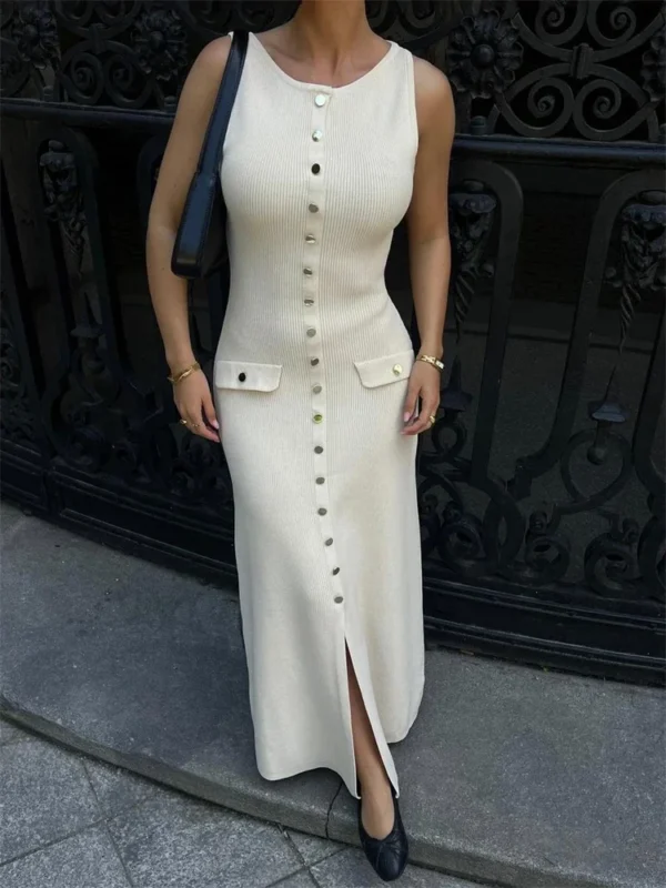 Knit Ribbed Cardigan Maxi Dress Female High Waist Slim Pocket Sleeveless Elegant Party Dress Women's Knitwear Long Dress