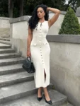 Knit Ribbed Cardigan Maxi Dress Female High Waist Slim Pocket Sleeveless Elegant Party Dress Women's Knitwear Long Dress