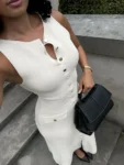Knit Ribbed Cardigan Maxi Dress Female High Waist Slim Pocket Sleeveless Elegant Party Dress Women's Knitwear Long Dress