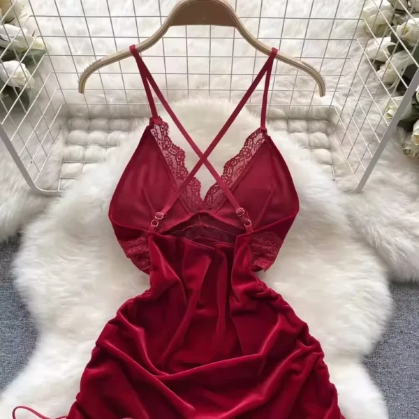 Women Sexy Red Ruched Mini Dress Sleeveless Backless Spaghetti Strap Dress Drawstring Bodycon Party Club Dress with Thong