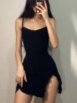 Sexy Summer Mini Dress Women New Black Fashion Streetwear Sleeveless Backless Folds Split Dress Elegant Party Strap A-LINE Dress