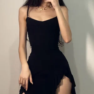 Sexy Summer Mini Dress Women New Black Fashion Streetwear Sleeveless Backless Folds Split Dress Elegant Party Strap A-LINE Dress