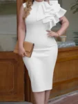 Summer Fashion Bodycon High Neck Sleeveless One Shoulder With Flower Ruffle Elegant Evening Dress