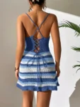 Semi Sheer Crochet Dress with Keyhole Twist Front Lace-up Back Open-knit Mini Dress Beach Bikini Cover Up Summer Vacation Wear
