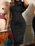 Summer Fashion Bodycon High Neck Sleeveless One Shoulder With Flower Ruffle Elegant Evening Dress