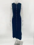Knit Ribbed Cardigan Maxi Dress Female High Waist Slim Pocket Sleeveless Elegant Party Dress Women's Knitwear Long Dress