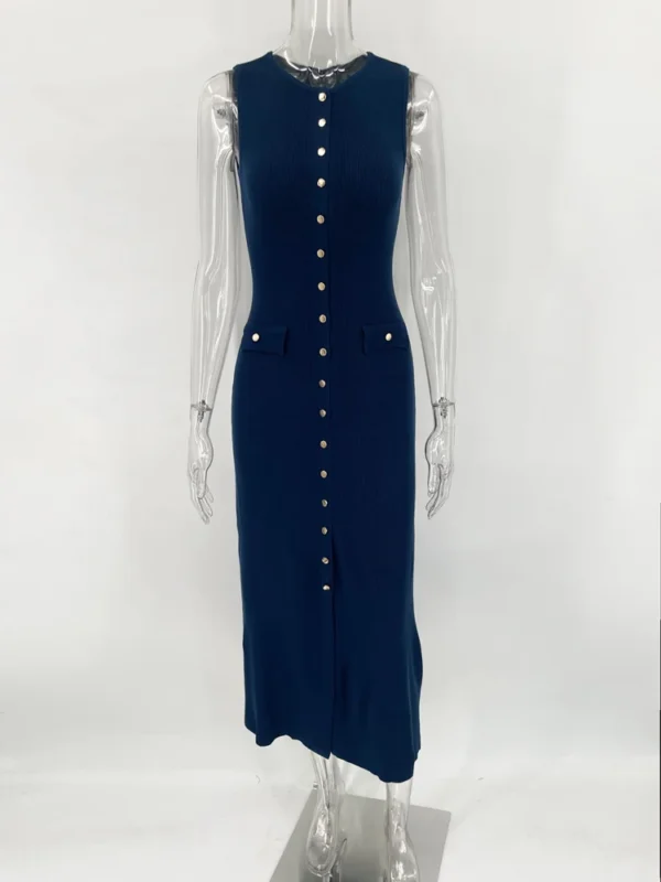 Knit Ribbed Cardigan Maxi Dress Female High Waist Slim Pocket Sleeveless Elegant Party Dress Women's Knitwear Long Dress