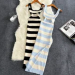 2024 Stripe Summer Elastic Split Bodycon Dress Sexy Beach Vacation Sundress Women Casual Slim Pencil Vestidos Maxi Long Dress
