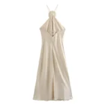 TRAF Flower Halter Dress Woman Off Shoulder Satin Long Dress Women Backless Sexy Evening Dresses Summer Party Dresses For Women