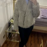 TRAFZA Women Fashion Cropped Faux Fur Jacket Coat Long Sleeve Front Snap-button Female Outerwear Chic Lapel Collar Thick Coat photo review