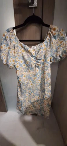 Women Mini Dresses Summer Fashion Female Vestidos Print Floral Chiffon Dresses Shirring Pleated Short Puffy Sleeve Casual Dress photo review