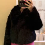 TRAFZA Women Fashion Cropped Faux Fur Jacket Coat Long Sleeve Front Snap-button Female Outerwear Chic Lapel Collar Thick Coat photo review