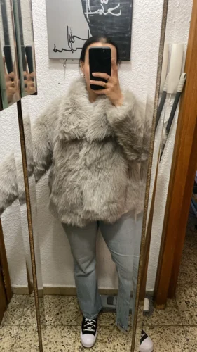 TRAFZA Women Fashion Cropped Faux Fur Jacket Coat Long Sleeve Front Snap-button Female Outerwear Chic Lapel Collar Thick Coat photo review
