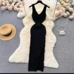 Women V Neck Solid Ribben Knitted Dresses Casual All Match Slimple Sexy Package Hips Bodycon Dress Elegant Vestidos Streetwear photo review