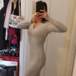 Women sexy knit V-neck reverse neck split dress autumn winter full sleeve elastic basic body sweater photo review