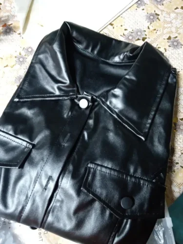 Xeemilo Autumn Faux Leather Short Jacket Y2K Turn-down Collar Fashion Botton Decoration PU Coat 2022 Grunge Street Casual Coats photo review