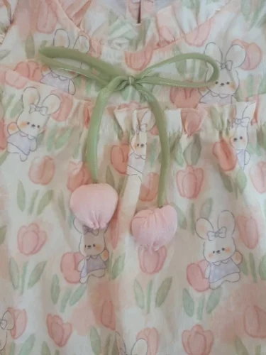 Summer Hardwear Girl Dress Tulip Cartoon Rabbit Print Small Flying Sleeves Flower Neck Bow Ribbon Tulip Flower Pattern photo review