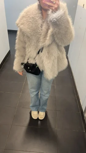 TRAFZA Women Fashion Cropped Faux Fur Jacket Coat Long Sleeve Front Snap-button Female Outerwear Chic Lapel Collar Thick Coat photo review