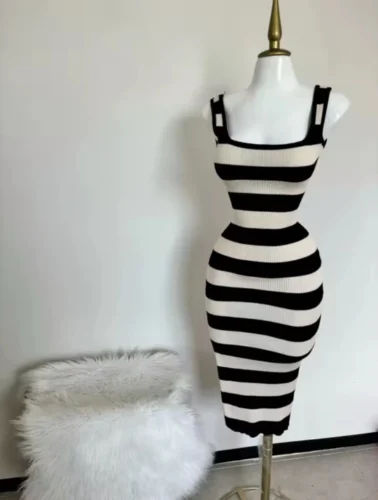 2024 Stripe Summer Elastic Split Bodycon Dress Sexy Beach Vacation Sundress Women Casual Slim Pencil Vestidos Maxi Long Dress photo review