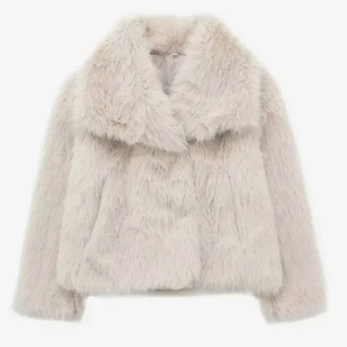 TRAFZA Women Fashion Cropped Faux Fur Jacket Coat Long Sleeve Front Snap-button Female Outerwear Chic Lapel Collar Thick Coat photo review