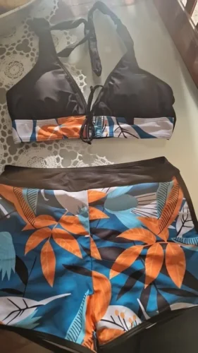 2023 Halter Bikini Set Short Swimsuit Women High Waist Swimwear Female Printed Bathers Swimming Bathing Swim Suit Beachwear photo review