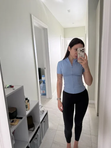Summer High Quality Waist Slimming Training Tops Women's Quick-drying Tight Stand Collar Full Zipper Short Sleeves Yoga shirts photo review