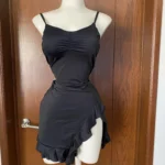 Sexy Summer Mini Dress Women New Black Fashion Streetwear Sleeveless Backless Folds Split Dress Elegant Party Strap A-LINE Dress photo review