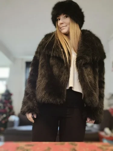 TRAFZA Women Fashion Cropped Faux Fur Jacket Coat Long Sleeve Front Snap-button Female Outerwear Chic Lapel Collar Thick Coat photo review