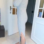 Women sexy knit V-neck reverse neck split dress autumn winter full sleeve elastic basic body sweater photo review