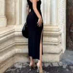 Black Maxi Dress Women Elegant Party Summer Fashion Sexy Split Sleeveless Backless Dress Off Shoulder Streetwear Club Slim Dress photo review