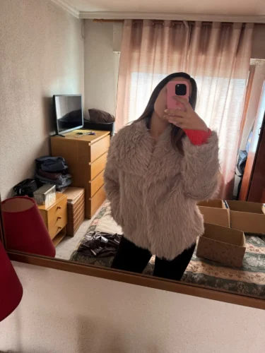 TRAFZA Women Fashion Cropped Faux Fur Jacket Coat Long Sleeve Front Snap-button Female Outerwear Chic Lapel Collar Thick Coat photo review