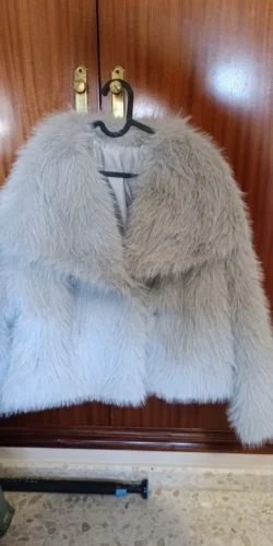 TRAFZA Women Fashion Cropped Faux Fur Jacket Coat Long Sleeve Front Snap-button Female Outerwear Chic Lapel Collar Thick Coat photo review