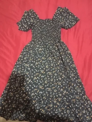 Spring Summer Chiffon Dress Women Midi DressesFemale Short Sleeve Elastic Waist Printed Floral Pleated Backless Casual Dress photo review