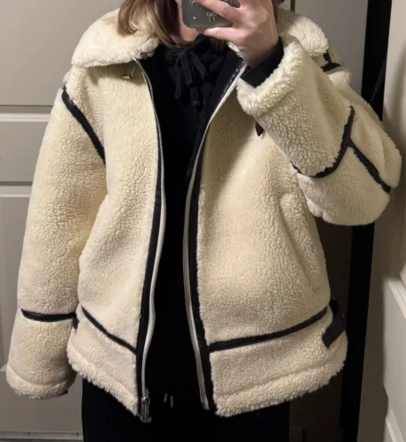 2024 RARF Autumn New Women's European and American Style Artificial Fur Effect Motorcycle Jacket Coat with Fur Integration photo review
