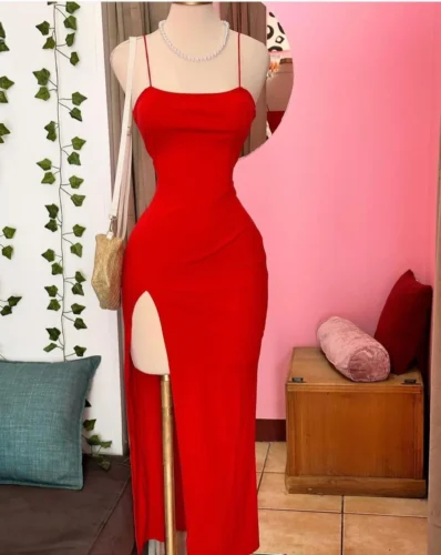 Women Summer Sexy Bodycon Dress Lady Sexy Spaghetti Strap Sleeve Split Solid Color Sheath Dress Vestidos photo review