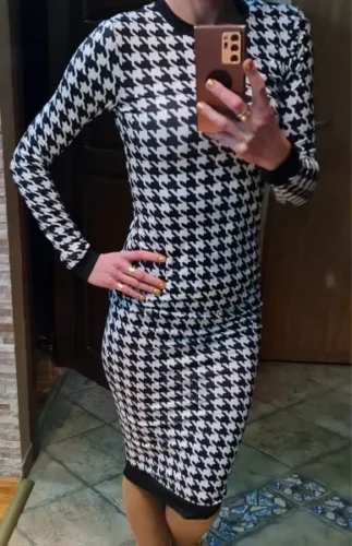 Houndstooth Print Women Long Sleeve Midi Dress Hollow Out Bodycon Sexy Streetwear 2022 Autumn Winter Club Elegant Slim photo review