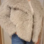 TRAFZA Women Fashion Cropped Faux Fur Jacket Coat Long Sleeve Front Snap-button Female Outerwear Chic Lapel Collar Thick Coat photo review