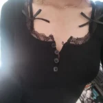 Halter Neck Lace Trim Bow Cute Black Y2K T-Shirt Women Button Up Slim Short Sleeve White Tees Sweet Balletcore Clothing photo review