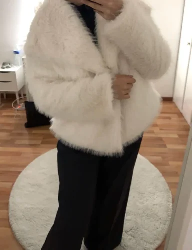 TRAFZA Women Fashion Cropped Faux Fur Jacket Coat Long Sleeve Front Snap-button Female Outerwear Chic Lapel Collar Thick Coat photo review