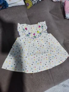 New Cute Girl'S Dress Sweet Rose Embroidered Small Round Dots Korean Version Loose Bubble Sleeve Cotton Beach Skirt photo review