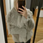 TRAFZA Women Fashion Cropped Faux Fur Jacket Coat Long Sleeve Front Snap-button Female Outerwear Chic Lapel Collar Thick Coat photo review