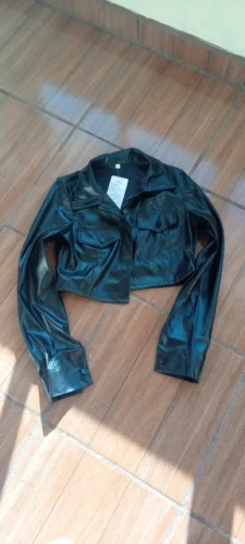 Xeemilo Autumn Faux Leather Short Jacket Y2K Turn-down Collar Fashion Botton Decoration PU Coat 2022 Grunge Street Casual Coats photo review