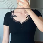 Halter Neck Lace Trim Bow Cute Black Y2K T-Shirt Women Button Up Slim Short Sleeve White Tees Sweet Balletcore Clothing photo review