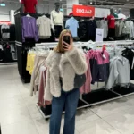 TRAFZA Women Fashion Cropped Faux Fur Jacket Coat Long Sleeve Front Snap-button Female Outerwear Chic Lapel Collar Thick Coat photo review