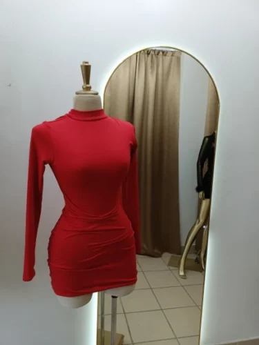 Long Sleeve Slim Bodycon Mini Dress Women Turtleneck Pleated Party Ruched Short Evening Club Outfit Soild Color photo review