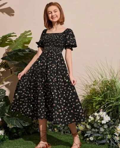 Click to view full screen Spring Summer Chiffon Dress Women Midi DressesFemale Short Sleeve Elastic Waist Printed Floral Pleated Backless Casual Dress photo review