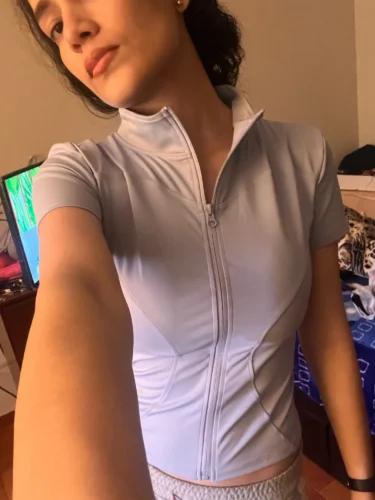 Summer High Quality Waist Slimming Training Tops Women's Quick-drying Tight Stand Collar Full Zipper Short Sleeves Yoga shirts photo review